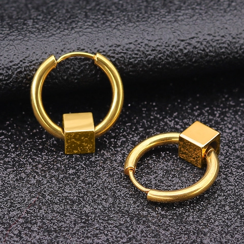 Pendientes de Aro de Acero Inoxidable Minimalistas Con Colgante de Cubo para Hombre Mujer Joyería de Acero de Titanio
