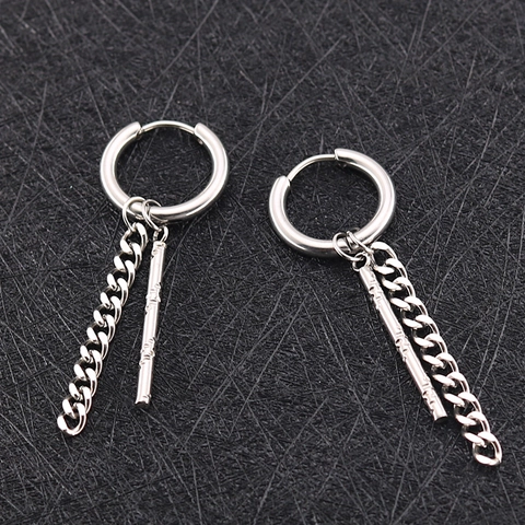 Pendientes de Aro de Acero Inoxidable Punk Con Pendentif de Cadena y Barra Hip Hop Pendientes Largos Colgantes para Hombres Mujeres Joyería de Estilo Urbano