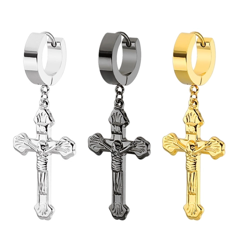 Pendientes de Aro con Colgante de Cruz de Acero Inoxidable para Hombre Mujer Gótico Punk Jesús Crucifijo Joyería