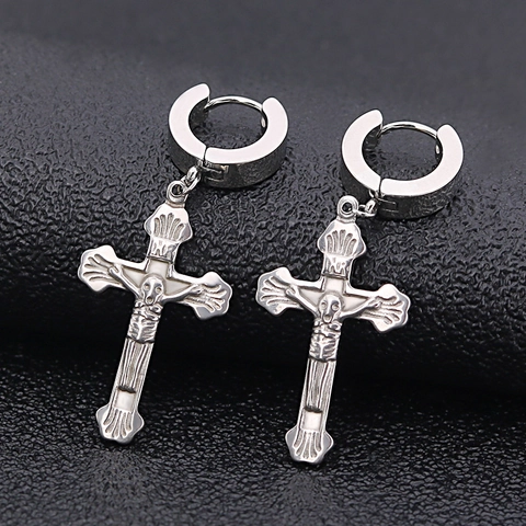 Pendientes de Aro con Colgante de Cruz de Acero Inoxidable para Hombre Mujer Gótico Punk Jesús Crucifijo Joyería