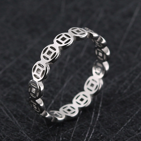 Vintage Stainless Steel Hollowed Out Ancient Chinese Coin Ring Lucky Fortune Band Jewelry For Men Women Rose Gold Silver
