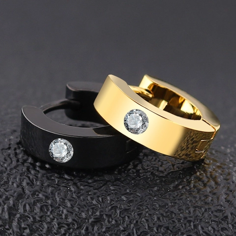 Stainless Steel Huggie Hoop Earrings For Men Women Unisex Zirconia Inlaid Minimalist Round Geometric Ear Buckle Jewelry