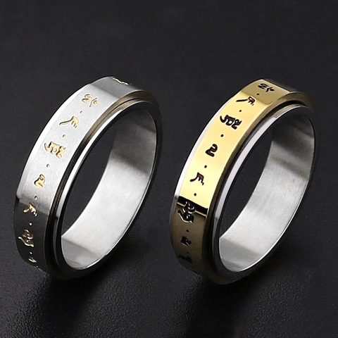 Anillo Giratorio de Acero Inoxidable Vintage Om Mani Padme Hum Mantra Spinner Ring para Hombres Mujeres Joyería de Moda Alivio del Estrés