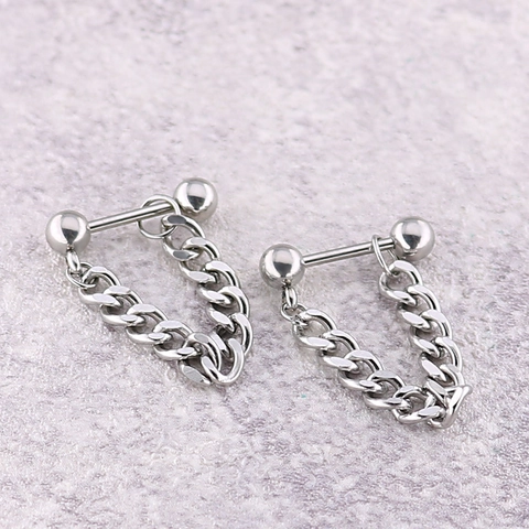 Punk Titanium Steel Ball Chain Barbell Stud Earrings Industrial Hip Hop Curb Chain Piercing Jewelry For Men Women Daily Accessory