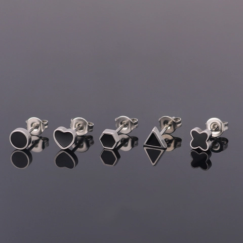 Minimalist Titanium Steel Stud Earrings Geometric Clover Heart Triangle Hexagon Enamel Dripping Oil Jewelry For Men Women