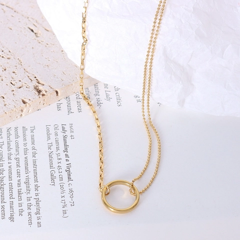 Minimalistische 18K Vergoldete Titanstahl Zweilagige Box Bead Chain Kreis Anhänger Halskette Für Damen Schmuck Geschenk