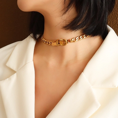 Belt Buckle Titanium Steel Choker Necklace Exaggerated 18K Gold Plated NK Chain For Women Punk Vintage Style