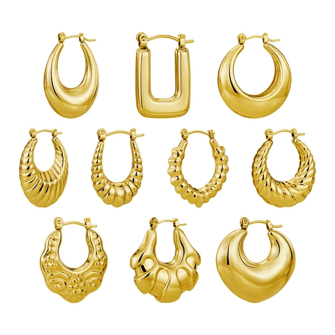Vintage Stainless Steel Hoop Earrings For Women Gold Silver Plated Waterdrop Heart Geometric Chunky Textured Croissant Jewelry