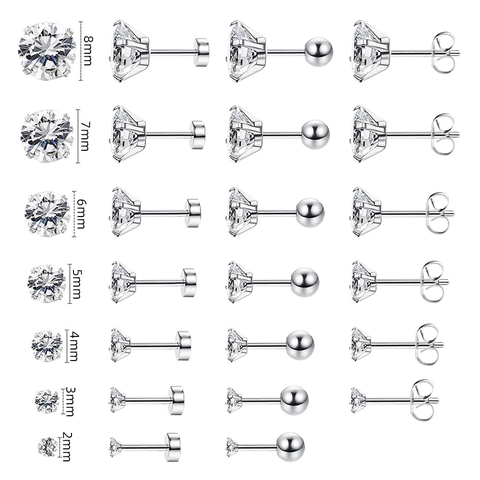Boucles d'Oreilles Clous en Acier Inoxydable Zircon Rond 4-Griffes Minimaliste Unisexe Or Argent Dos Vissé Papillon