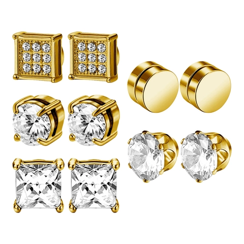 Unisex Magnetic Stud Earrings Stainless Steel Zirconia Non-pierced Square Round Clip On Earrings Gold Silver Jewelry