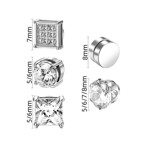 Unisex Magnetic Stud Earrings Stainless Steel Zirconia Non-pierced Square Round Clip On Earrings Gold Silver Jewelry