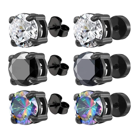 Boucles d'Oreilles Clous en Acier au Titane et Zirconia pour Homme Femme Noir Électroplaqué Hip Hop Punk Rond Géométrique Pièce Unique