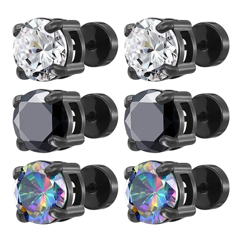 Boucles d'Oreilles Clous en Acier au Titane et Zirconia pour Homme Femme Noir Électroplaqué Hip Hop Punk Rond Géométrique Pièce Unique