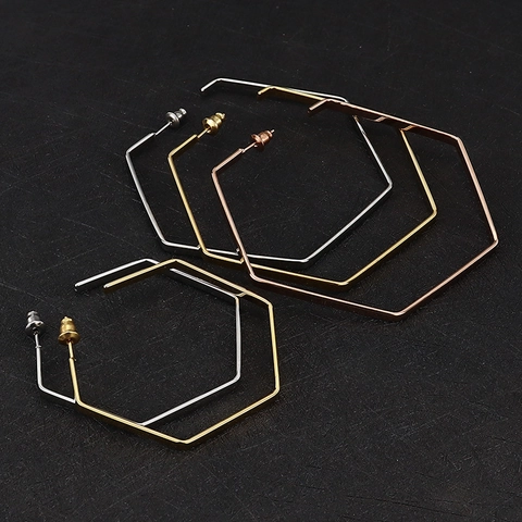 Boucles d'Oreilles Créoles Hexagonales Minimalistes pour Femmes Acier Titane Géométriques Grandes Boucles d'Oreilles Géométriques Or Argent Or Rose Bijoux de Mode