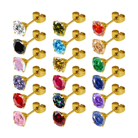 Boucles d'Oreilles Clous en Acier Titane Zircone Cubique pour Hommes Femmes Rond Incrustation à Quatre Griffes Bijoux