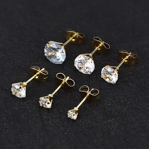 Boucles d'Oreilles Clous en Acier Titane Zircone Cubique pour Hommes Femmes Rond Incrustation à Quatre Griffes Bijoux