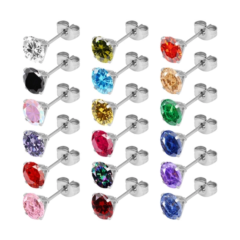 Pendientes de Botón de Acero de Titanio Para Mujer Hombre 4-Garras Redondo Colorido AAA Zirconia Joyería Piercing Simple 3-8mm