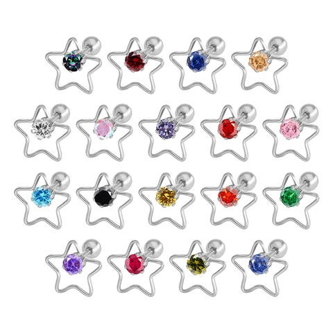 Boucles d'oreilles Clous en Acier Titane Pentagramme Étoile Creuse Géométrique Zirconia Coloré Incrusté Fermoir à Vis Bijoux Femme
