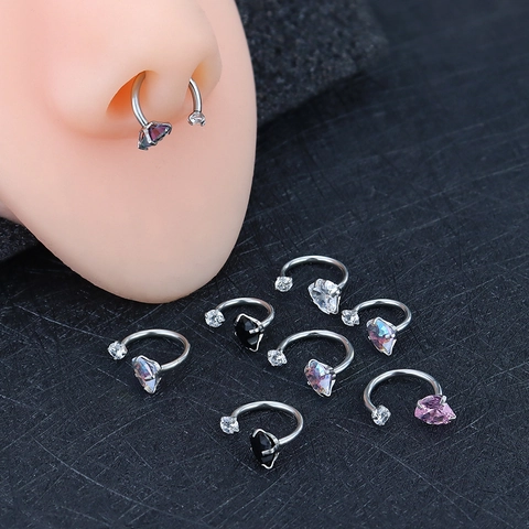 Titanium Alloy Heart Zirconia Horseshoe Circular Barbell Nose Ring Ear Cartilage Stud Piercing Jewelry For Women Silver Tone
