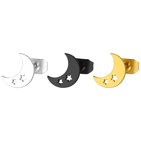 Boucles d'Oreilles Clous Lune et Étoiles en Acier Inoxydable Titane pour Femme Petits Bijoux Célestes en Croissant Évidé Or Argent Noir
