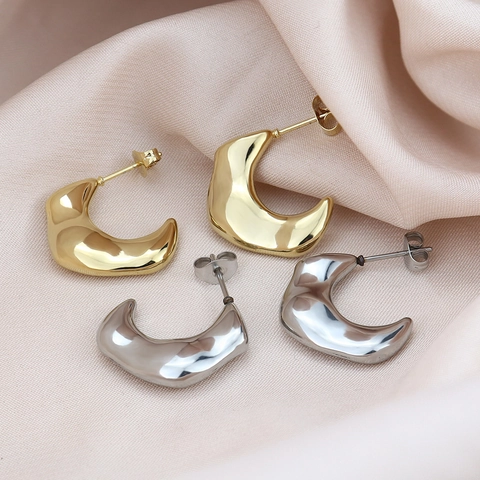 Minimalist Titanium Steel C Shaped Hoop Stud Earrings For Women Modern Gold Silver Plated Crescent Bamboo Joint Ear Jewelry