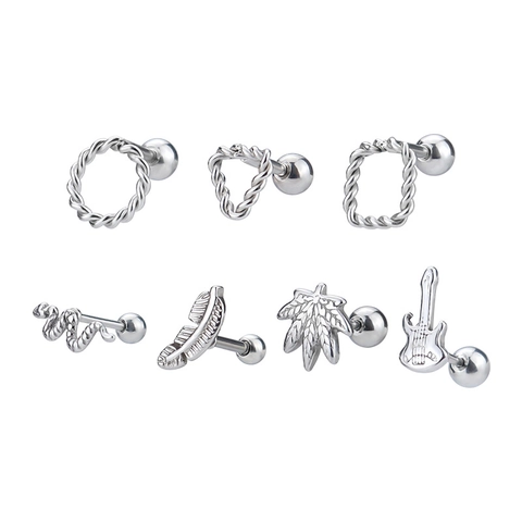 Stainless Steel Geometric Stud Earrings For Women Men Twisted Wire Circle Triangle Square Snake Feather Guitar Leaf Screw Back Piercing Jewelry