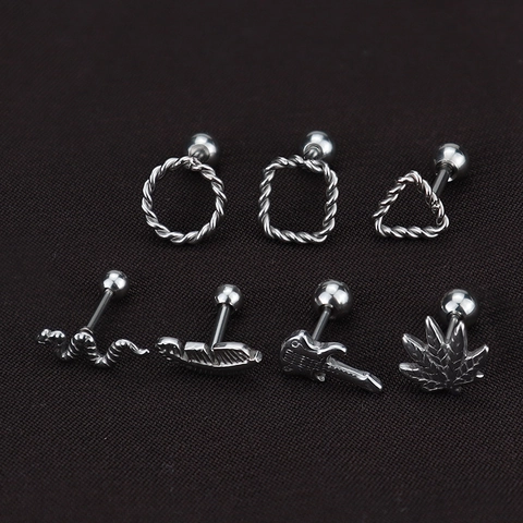Stainless Steel Geometric Stud Earrings For Women Men Twisted Wire Circle Triangle Square Snake Feather Guitar Leaf Screw Back Piercing Jewelry