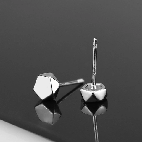 Pendientes de Botón Geométricos Con Poste de Plata de Ley 925 Hexágono Minimalista Cobre Pulido Espejo Joyería de Mujer