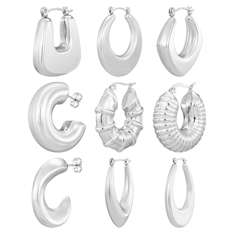 Women Stainless Steel Hoop Earrings Geometric Ribbed Croissant Chunky C-Shape Earrings Retro Minimalist Fashion Jewelry
