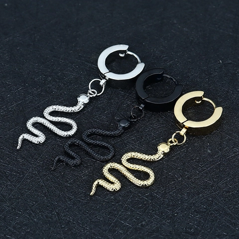 Unisex Stainless Steel Snake Drop Hoop Earrings Punk Hip Hop Snake Shape Animal Dangle Earrings Gold Silver Black Jewelry