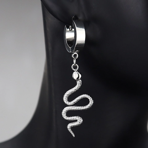Unisex Stainless Steel Snake Drop Hoop Earrings Punk Hip Hop Snake Shape Animal Dangle Earrings Gold Silver Black Jewelry