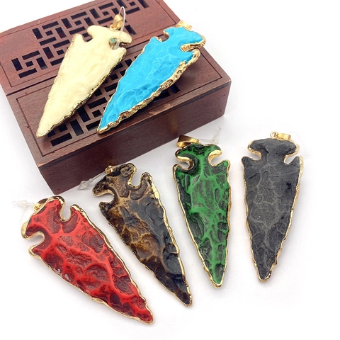 Colgante de Punta de Flecha de Resina Bohemio Con Borde Galvanizado Dorado Textura de Piedra Natural Joyas DIY Étnico