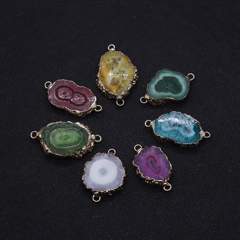 Natural Stone Crystal Irregular Druzy Agate Pendant Connector Electroplated Gold Edge Double Hole For DIY Jewelry Making