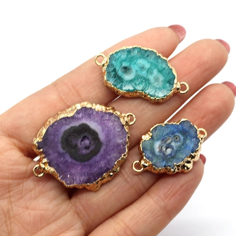 Onregelmatige Natuursteen Druzy Agaat Hanger Goud Vergulde Rand Dubbele Gat Connector Voor DIY Sieraden Maken Boheems Accessoires