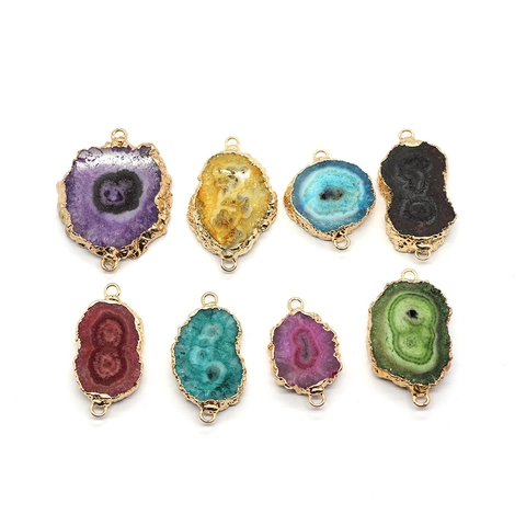 Natural Stone Crystal Irregular Druzy Agate Pendant Connector Electroplated Gold Edge Double Hole For DIY Jewelry Making