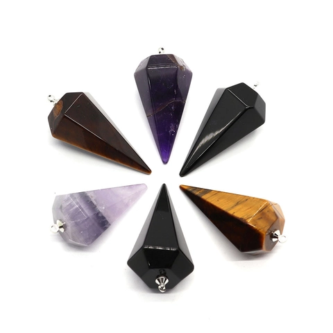 Natural Stone Tapered Pendant Amethyst Tiger Eye Black Agate Hexagonal Point Crystal Pendulum For DIY Jewelry Making Crafts