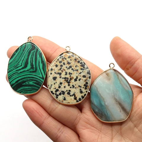 Irregular Natural Stone Wrapped Pendant Malachite Amazonite Dalmatian Jasper Copper Edged Charm For DIY Jewelry Making Gift