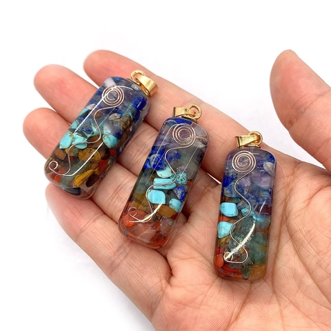 Natural Stone Resin Crushed Stone Orgonite Pendant Cylindrical Spiral Wire Gold Bail Pendant Only DIY Jewelry Accessories