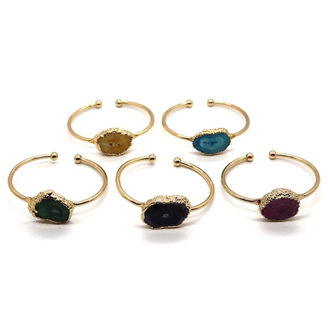 Bracelet Manchette Ouvert Bohème avec Tranche d'Agate Naturelle Irrégulière Plaqué Or Réglable Ethnique Vintage Pierre Druzy Bijoux pour Femme Cadeau