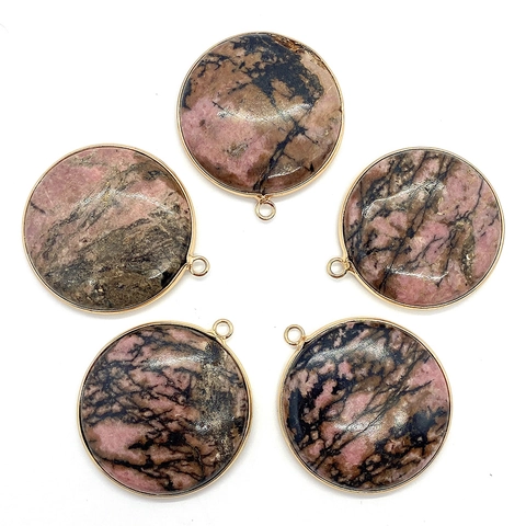 Pendentif Rond Plat en Pierre de Rhodonite Naturelle Bordure Dorée Rose Noir Veiné Charm DIY pour Fabrication de Bijoux Femme
