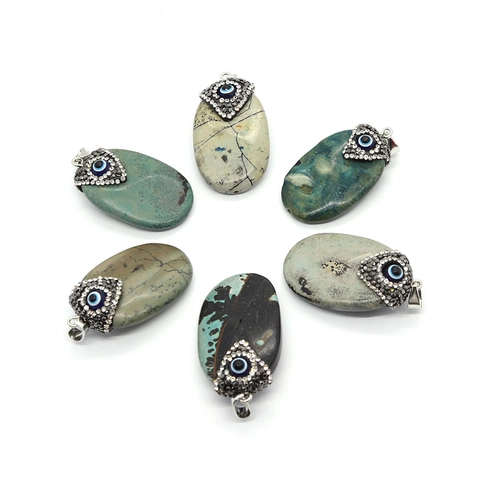 Natural Stone Oval Pendant With Evil Eye Rhinestone Alloy Inlaid Findings DIY Jewelry Making Necklace Accessories For Women