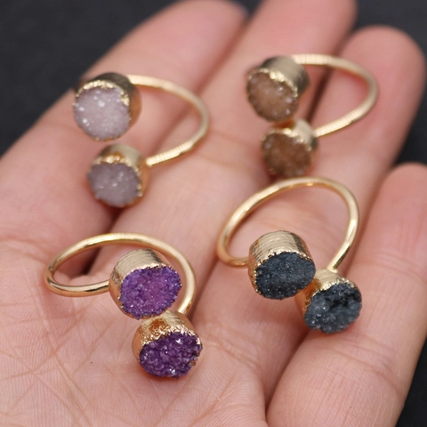 Bague Ouverte en Pierre de Cristal Naturel pour Femmes Réglable Alliage Plaqué Or Double Rond Druzy Quartz Bijoux Mode