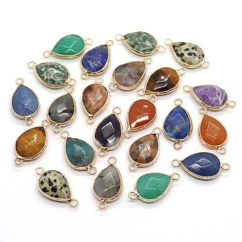 Natural Stone Teardrop Faceted Pendant Connector Gold Plated Copper Edged Double Hole Charm For DIY Jewelry Making Necklaces Bracelets Accessories