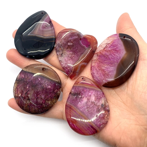 Natural Striped Agate Slice Pendants Polished Geometric Water Drop Heart Round Agate Charms For DIY Jewelry Making Accessory