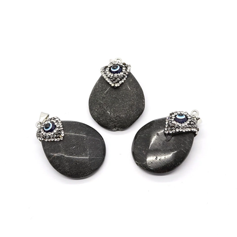 Natural Stone Agate Teardrop Pendant Evil Eye Faceted Black Obsidian Style Water Drop Charm With Rhinestone Alloy Clasp