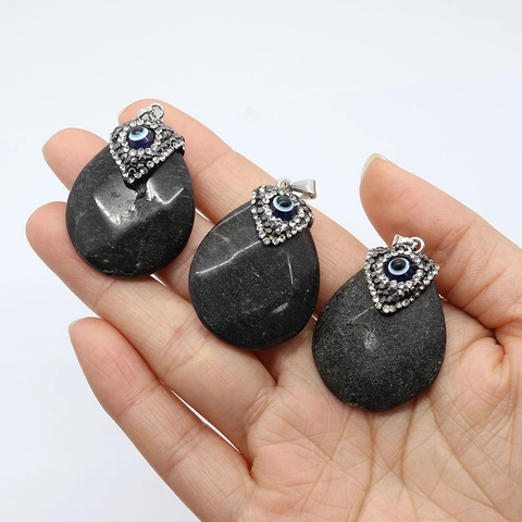 Natural Stone Agate Teardrop Pendant Evil Eye Faceted Black Obsidian Style Water Drop Charm With Rhinestone Alloy Clasp