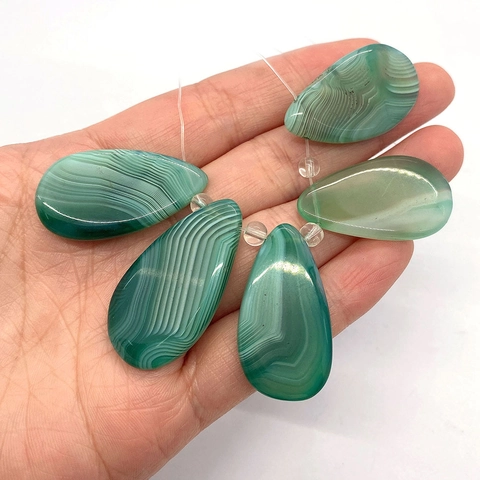 Natural Green Striped Agate Teardrop Pendant Natural Stone Banded Water Drop Charm For DIY Jewelry Making Polished Semi-Precious Gemstone Pendant Gift