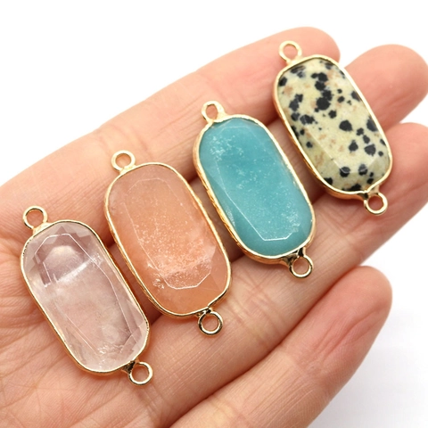 Natural Stone Oval Faceted Connector Pendant Double Loops Gold Plated Edge Amazonite Dalmatian Jasper Jewelry Making DIY