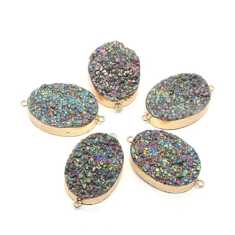 Regenbogen Druzy Kristall Anhänger Verbinder Oval Naturstein AB Farbe Legierung Eingefasst Doppelring Für DIY Schmuck