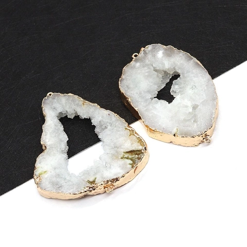 Natürlicher Druzy Kristall Achat Anhänger Doppel Loops Verbinder Unregelmäßige Quarzscheibe Vergoldete Einfassung Für DIY Schmuckherstellung Zubehör